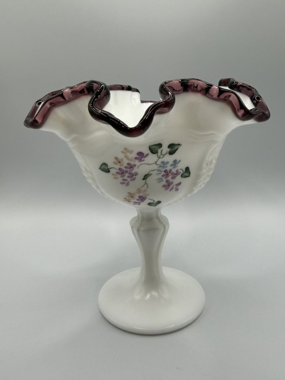 Vintage Amethyst Crest Milk Glass Ruffled Signed Compote